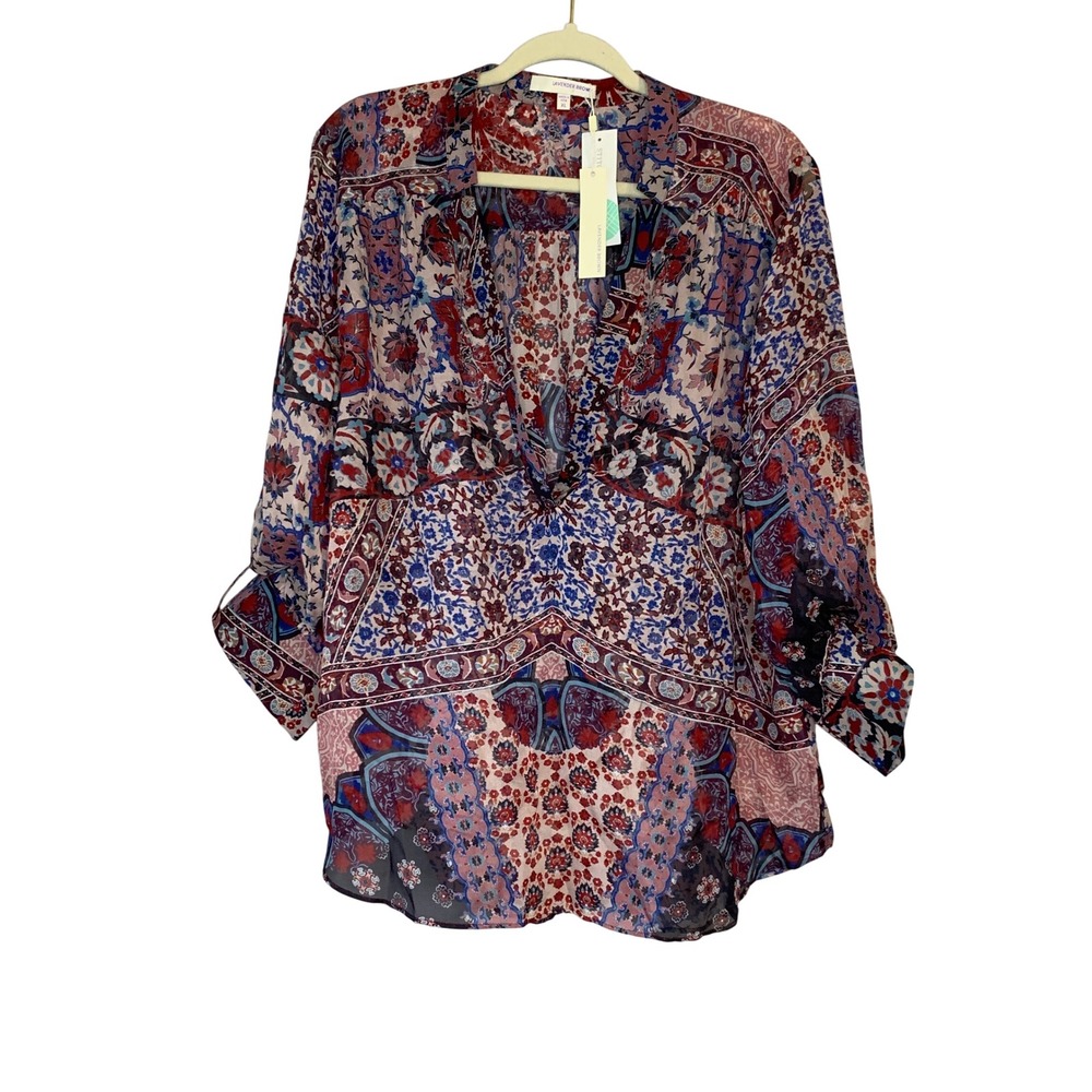Lavender Brown NWT‎ XL Silk Button Down Blouse Floral Print Roll Tab Sleeve Top